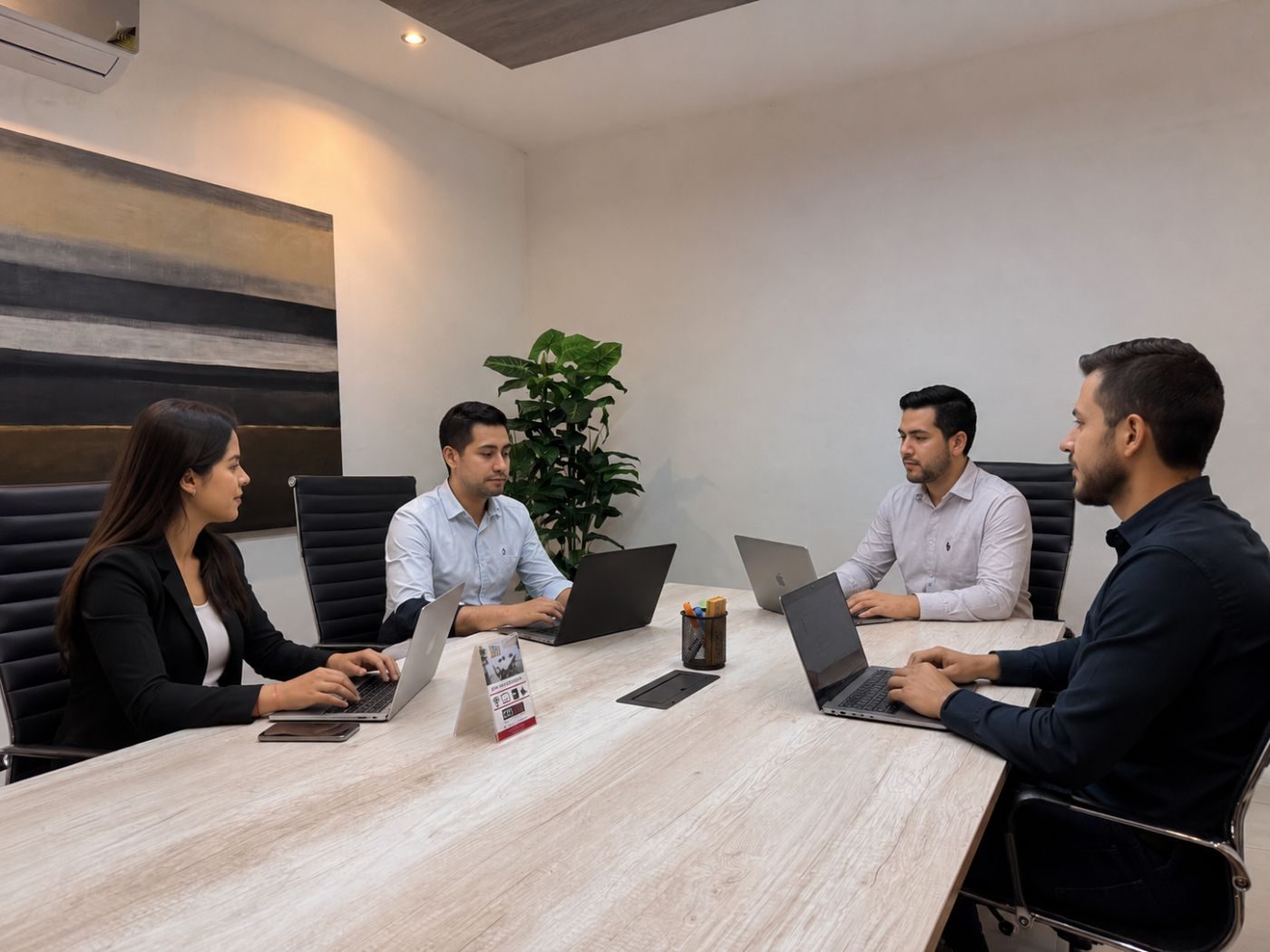 Equipo colaborando en sala de juntas